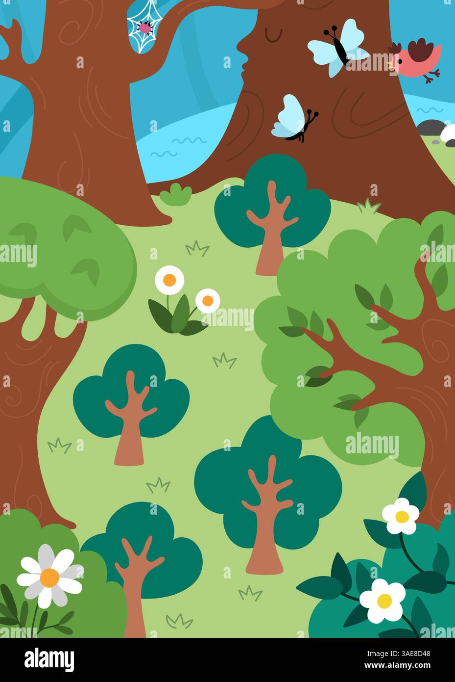 Vecteur vide fond de forêt enchantée. Joli paysage de fées avec arbres, papillons, oiseau, rivière, fleurs. Paysage boisé. Fantasy nature sce Illustration de Vecteur