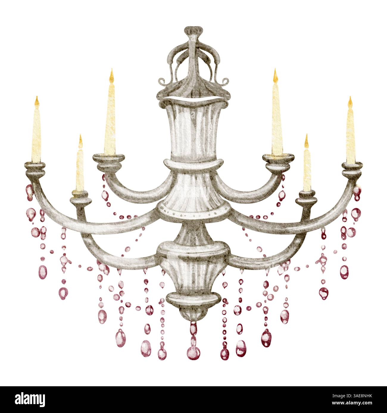 Illustration aquarelle d'un lustre victorien orné avec des détails en cristal taillé. Croquis de plafonnier, éclairage opulent rayonnant. Décoration classique Banque D'Images