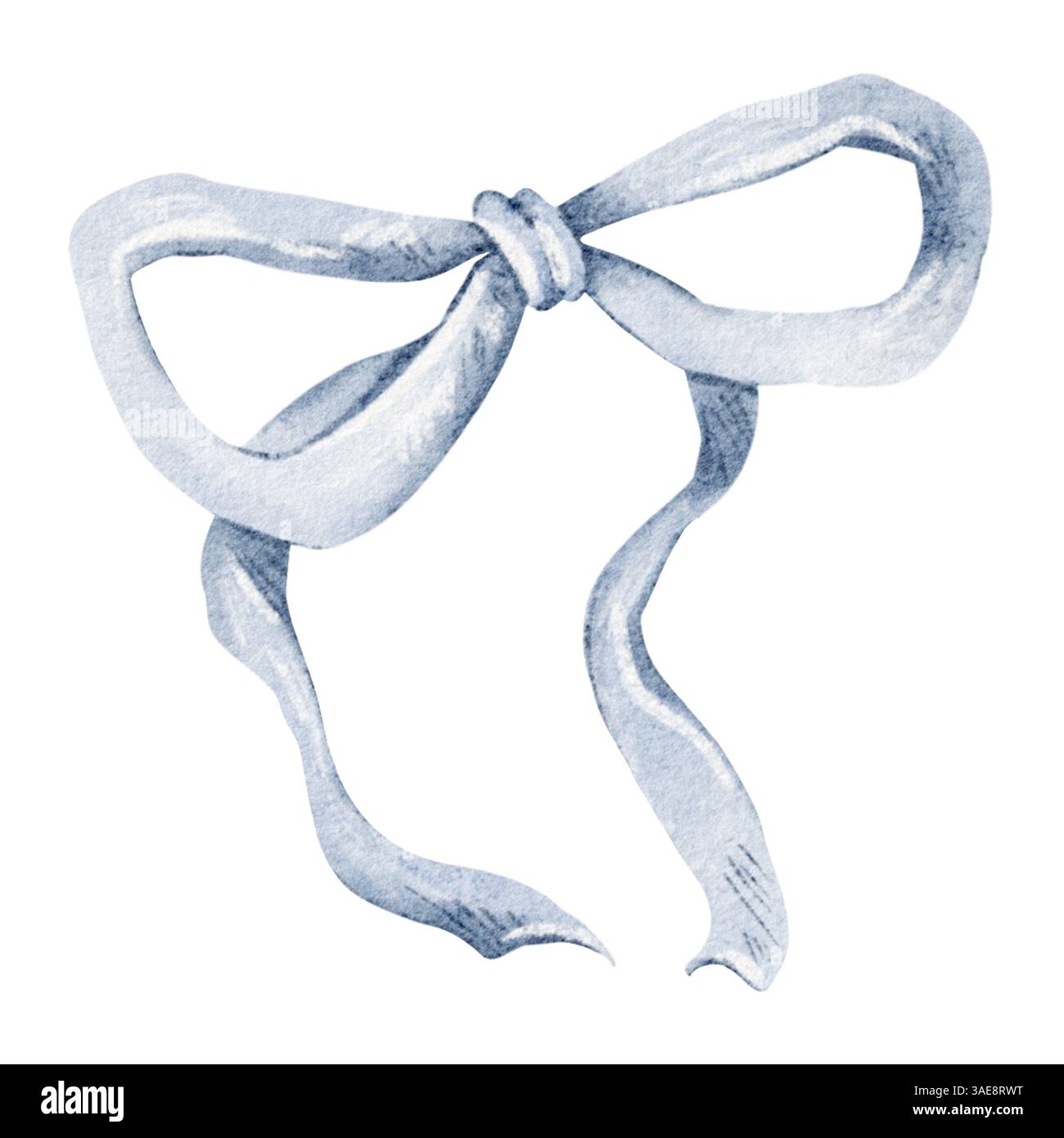 Archet avec ruban illustration aquarelle. Noeud dessiné à la main en bleu pour une charmante carte de voeux d'anniversaire. Illustration accessoire élégante et décorative Banque D'Images