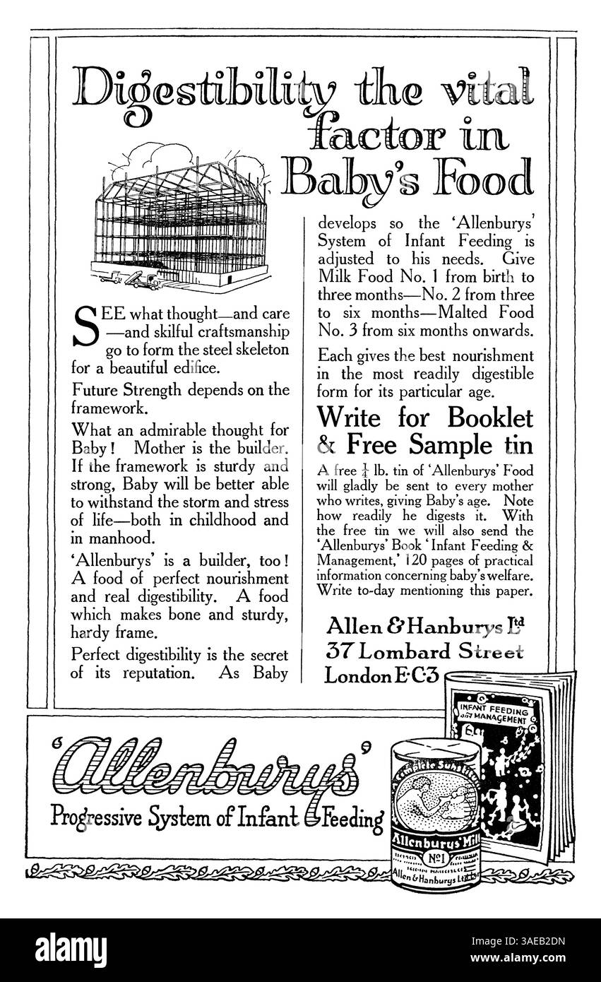 1925 publicité britannique pour Allenburys Baby Food. Banque D'Images