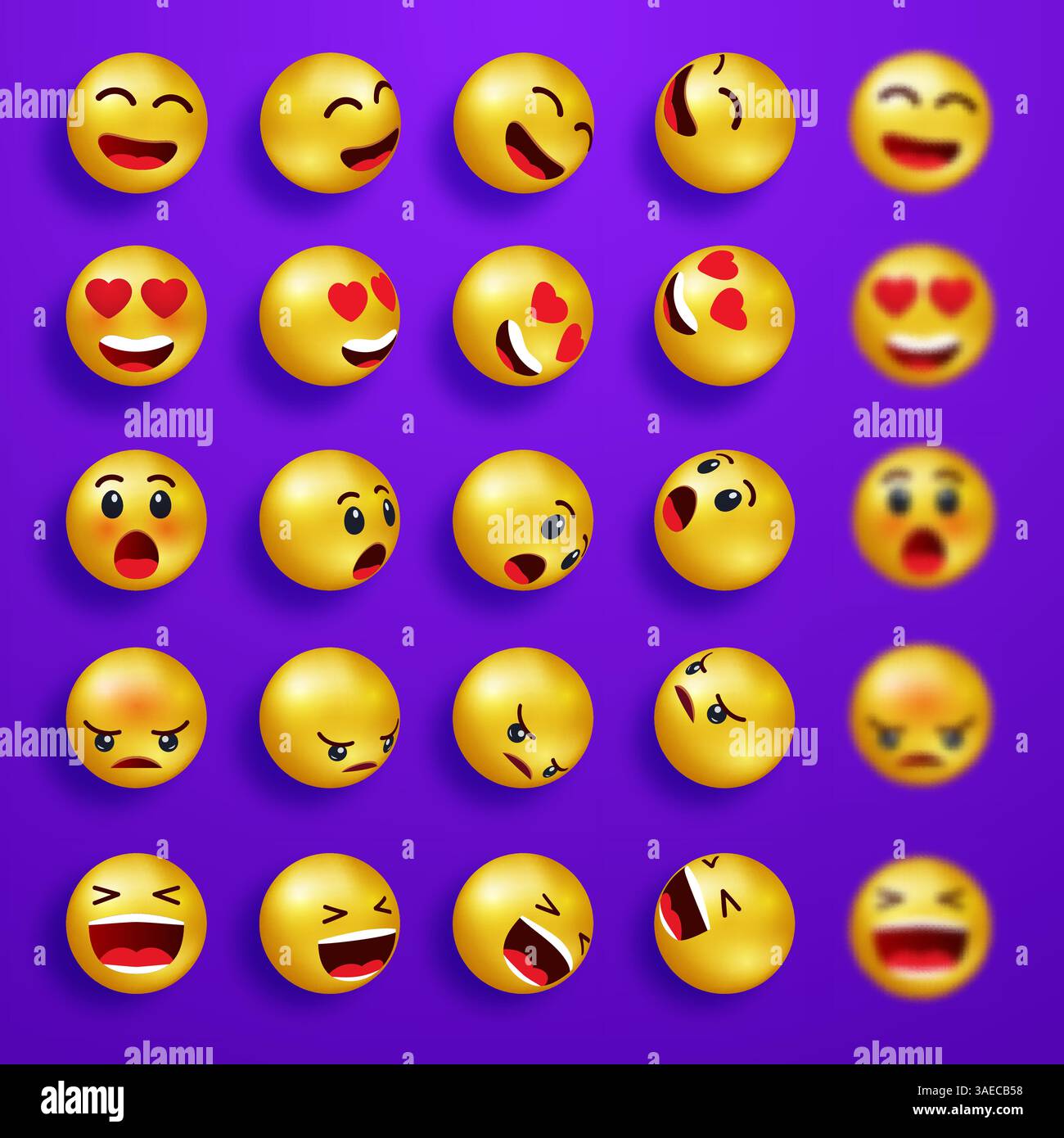 Sourire fait face à des émoticônes heureuses. Jeu d'emoji 3d jaune. Icônes de visage souriant avec différentes expressions. Les personnages vectoriels de dessin animé sourient et les visages tristes Illustration de Vecteur
