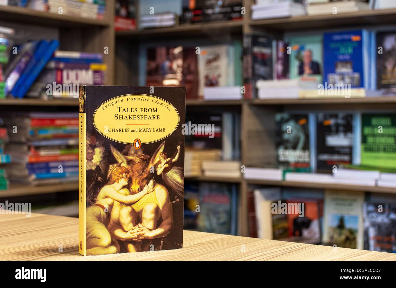 Gros plan du livre de Charles Lamb et Mary Lamb « Tales from Shakespeare » dans la librairie. Banque D'Images