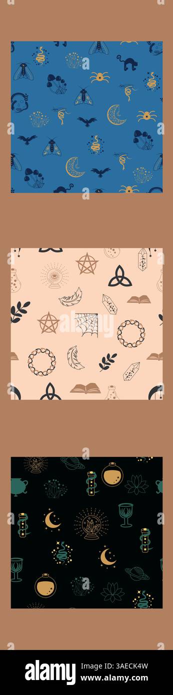 Bordure verticale, Set Magic et Heaven Seamless Pattern. Symboles et éléments du thème de la sorcellerie Illustration de Vecteur