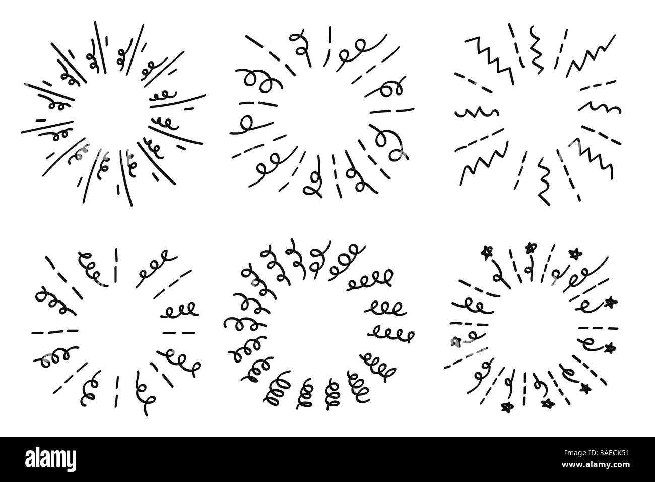 Une collection de griffonnages circulaires abstraits dessinés à la main utilisant des dessins au trait, avec divers motifs dynamiques, parfaits pour ajouter une touche créative à n'importe quel desi Illustration de Vecteur