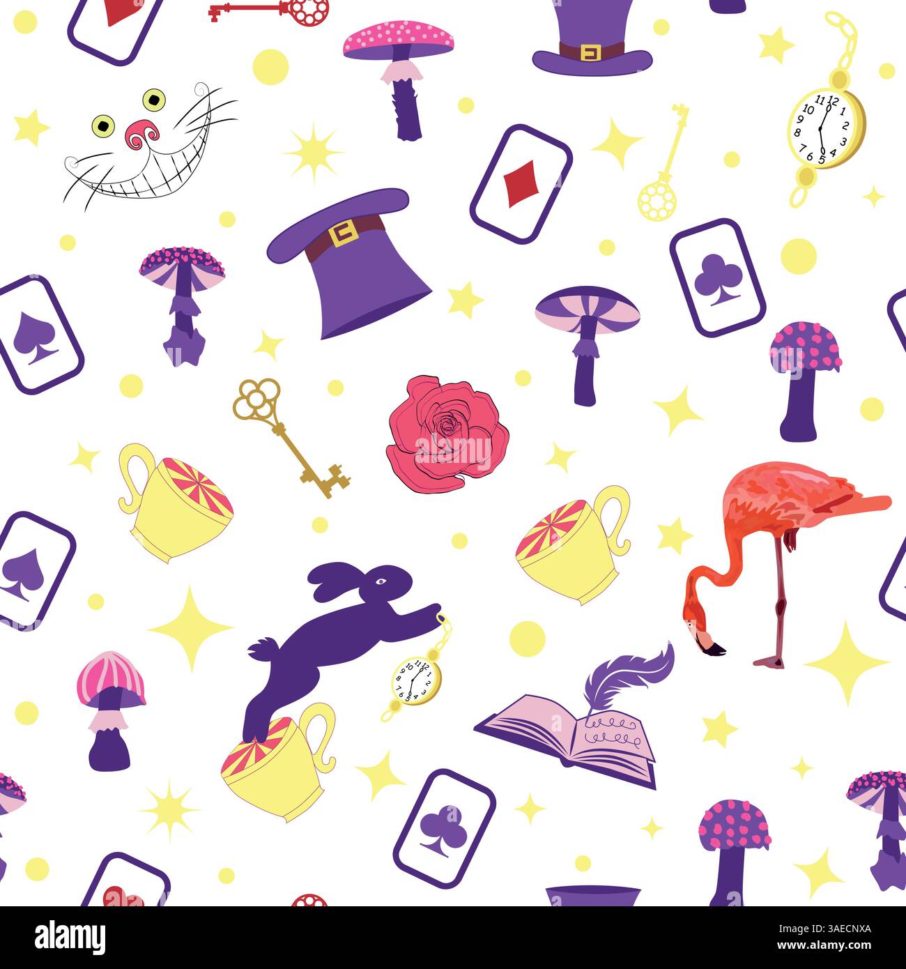 Wonderland éléments de motif lapin, chat Cheshire, cartes flamant rose chapeau tasse et champignons et horloge Illustration de Vecteur