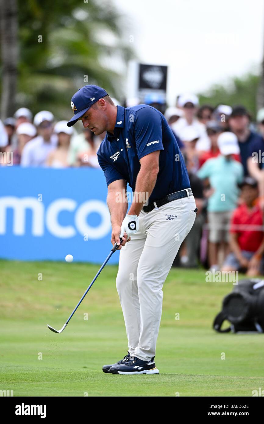 Doral, États-Unis. 06 avril 2025. Bryson DeChambeau, capitaine des croustilles Crushers GC lors de la dernière journée du LIV Golf Invitational 2025 - Miami au Trump National Golf course le 6 avril 2025 à Doral, Floride. (Photo de JC Ruiz/Sipa USA) crédit : Sipa USA/Alamy Live News Banque D'Images