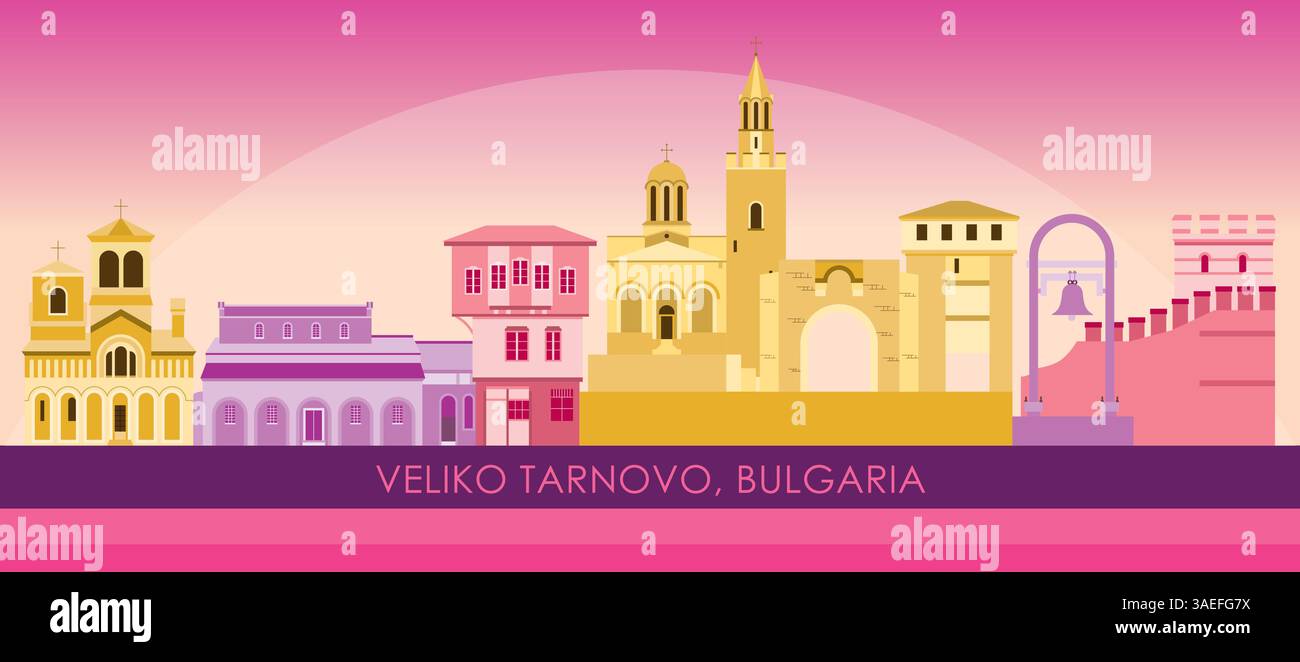 Sunset Skyline panorama de la ville de Veliko Tarnovo, Bulgarie - illustration vectorielle Illustration de Vecteur