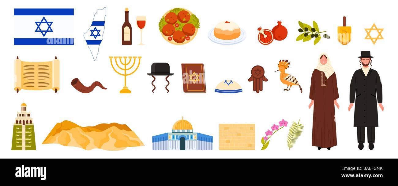 Voyage à Israël Set, éléments de la culture juive et de la nourriture, la carte et les monuments architecturaux, le judaïsme. Les gens en costumes traditionnels, Dôme de Rocher et Tour de David, illustration vectorielle de dessin animé torah Illustration de Vecteur