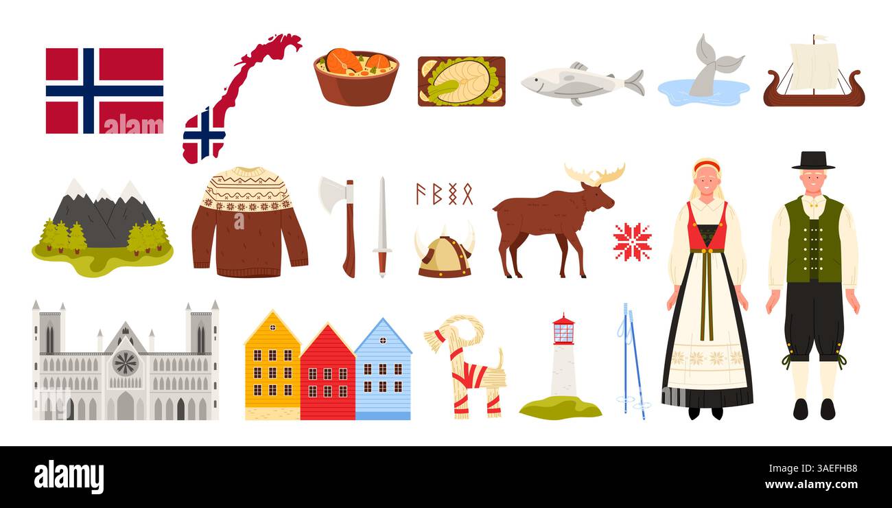 Voyage à Norvège set, peuple norvégien, éléments culturels et nature, monuments et nourriture. Cathédrale de Nidaros et maisons colorées traditionnelles de Bergen, lutefisk et illustration vectorielle de dessin animé viking Illustration de Vecteur