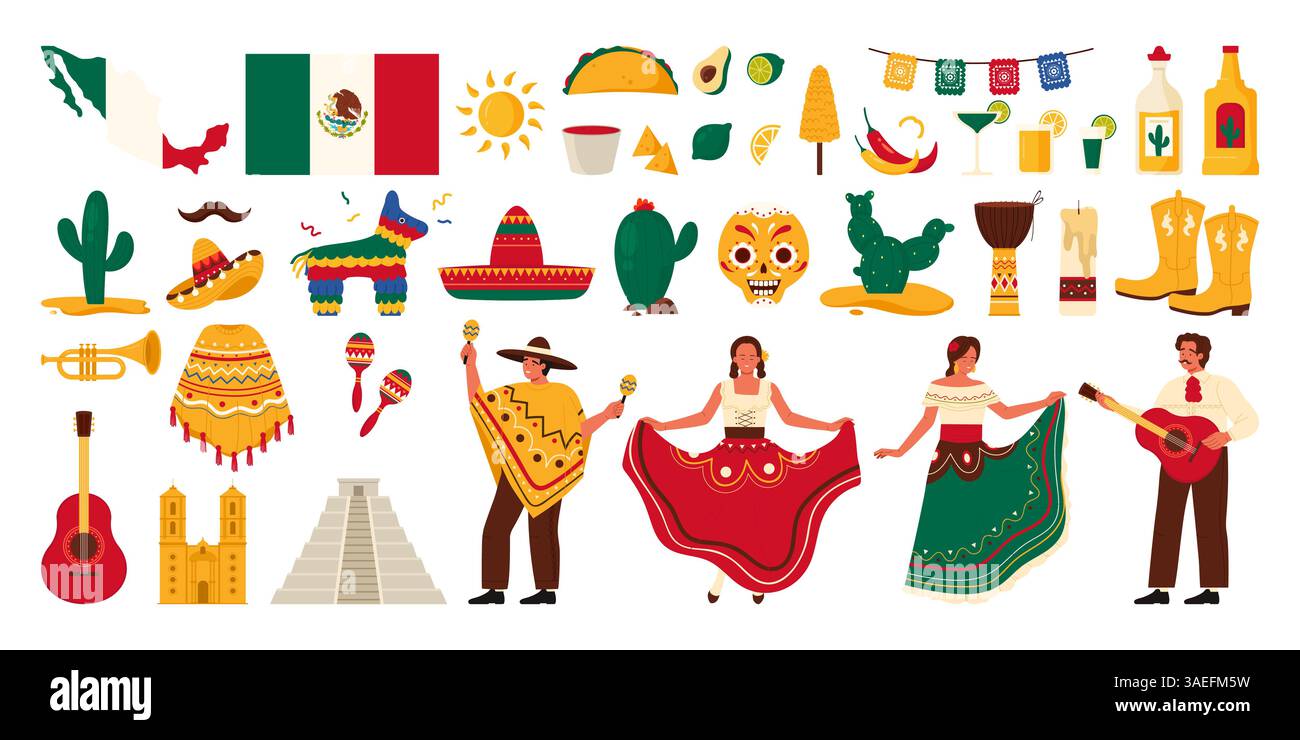 Voyage au Mexique set, vacances de carnaval et fête de la musique du festival, symboles du tourisme. Les mexicains dansent et jouent des instruments de musique, soleil d'été et cactus, illustration vectorielle pyramidale antique Illustration de Vecteur