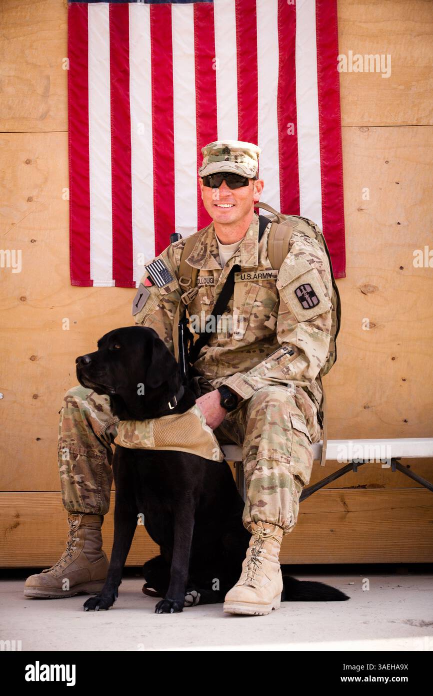 Dec. 19, 2011 - Kandahar, Afghanistan - Sgt PAUL McCullough et chien de thérapie, Sgt. 1er. Classe Zeke, font partie de l'équipe de contrôle du stress au combat du 113e détachement médical de la réserve de l'Armée de terre affectée au soutien de la Force opérationnelle 'Arctic Wolves' de Fort Wainwright, Alaska. Zeke sert de brise-glace aux soldats et les aide à relever les défis du combat (crédit image : © JR Ancheta/ZUMAPRESS.com) Banque D'Images
