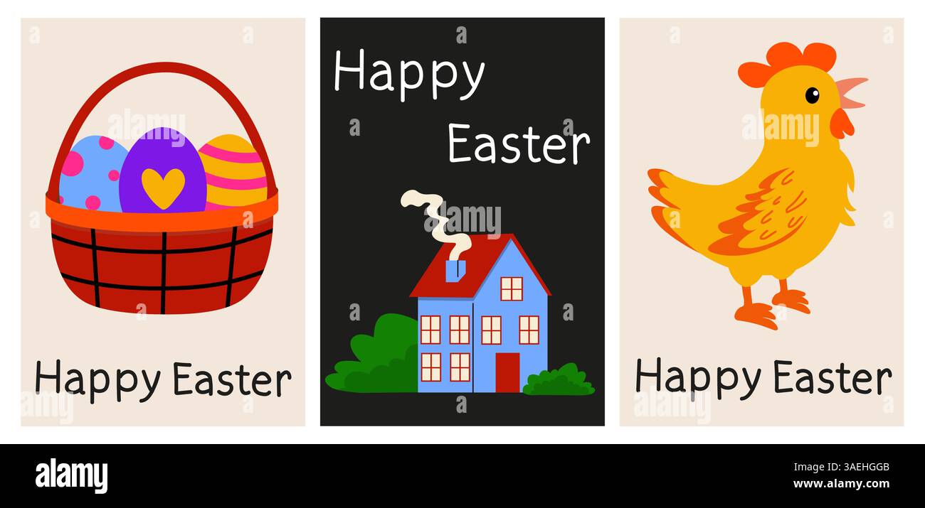 Cartes de Pâques décoratives représentant des œufs, une maison et un poussin dans un seul dessin Illustration de Vecteur