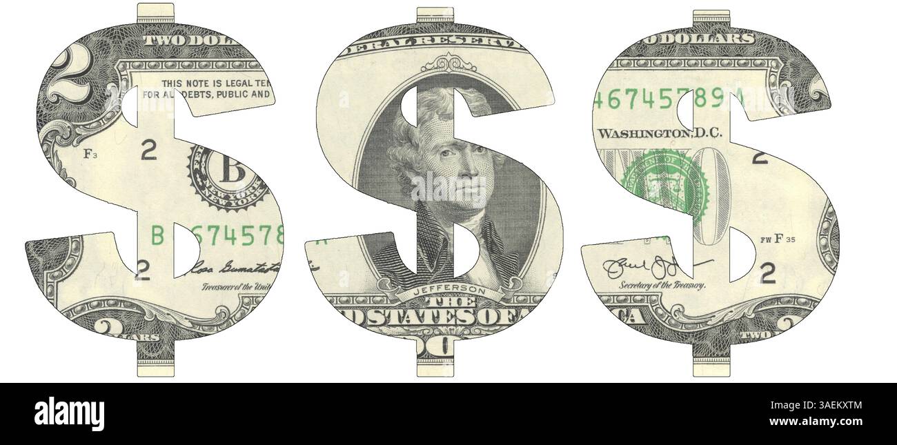 Pochoir du symbole USD sur un billet de deux dollars Banque D'Images