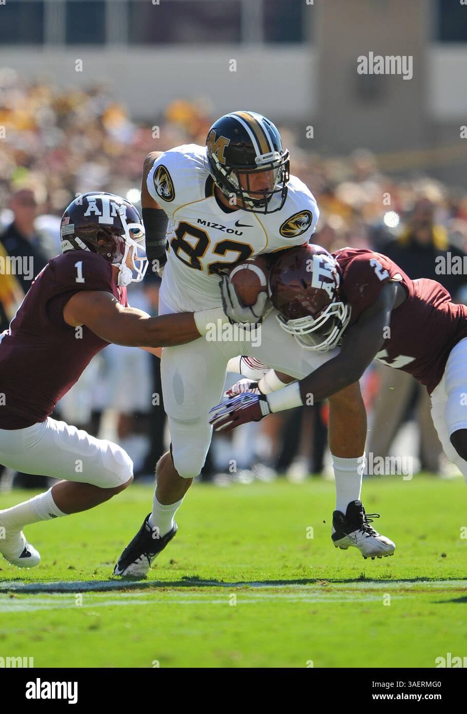 29 octobre 2011 : les Tigers du Missouri se terminent Michael Egnew #82 pendant le match entre les Tigers de l'Université du Missouri et les Aggies de l'Université A&M du Texas à Kyle Field à College Station, Texas. Les tigres gagnent contre les Aggies, 38-31.(image crédit : © Patrick Green/Cal Sport Media/ZUMAPRESS.com) Banque D'Images