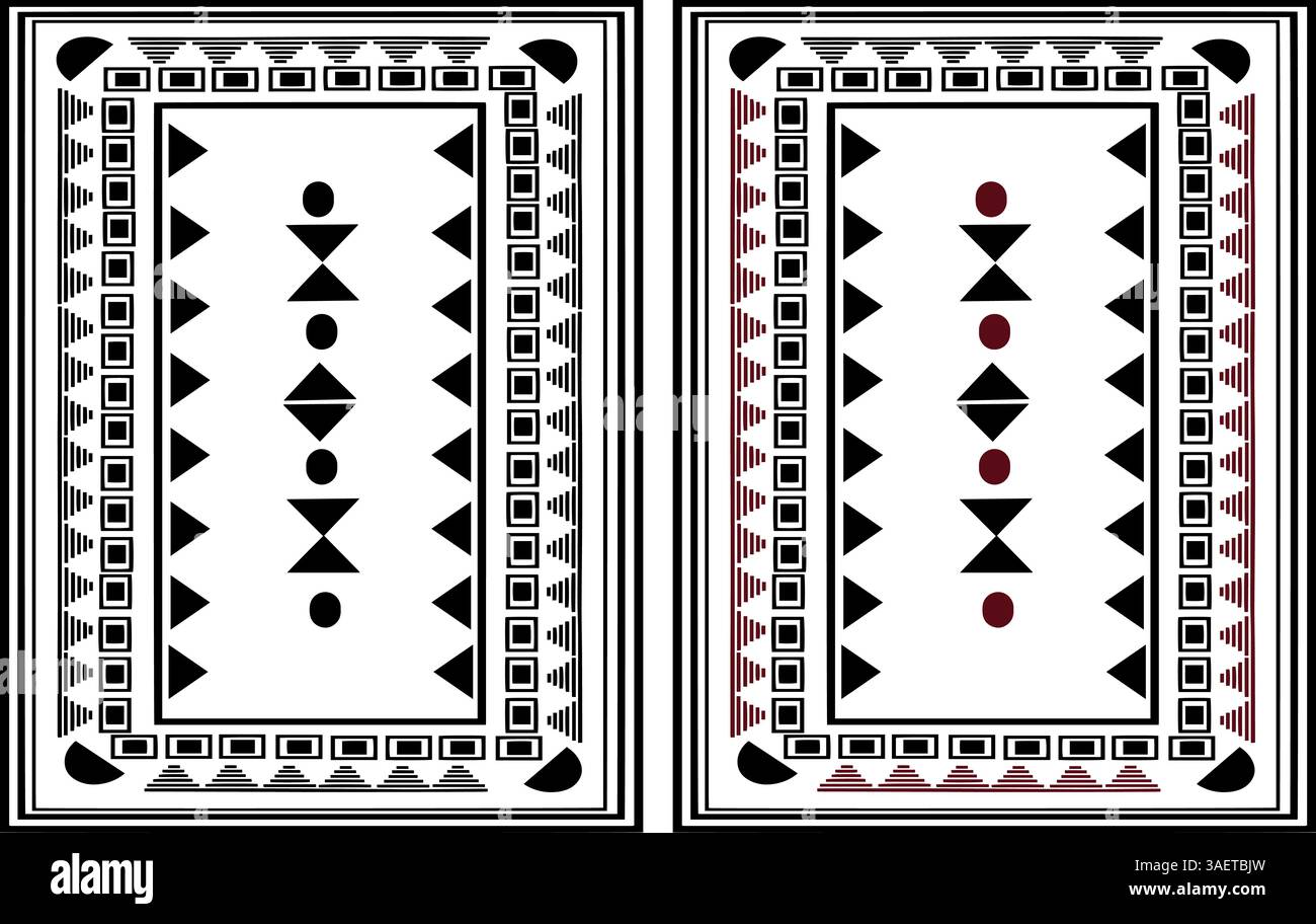 Deux motifs géométriques d'inspiration tribale avec des triangles noirs, des cercles et des carrés sur un fond blanc, avec une bordure décorative et une variati Banque D'Images