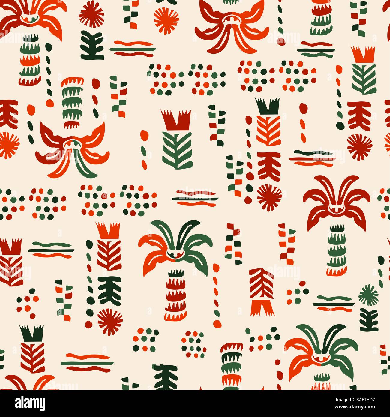 Un motif tribal africain vibrant et sans couture avec des palmiers stylisés et des motifs géométriques. Présente des couleurs vives et une sensation dessinée à la main, parfait pour ethn Banque D'Images