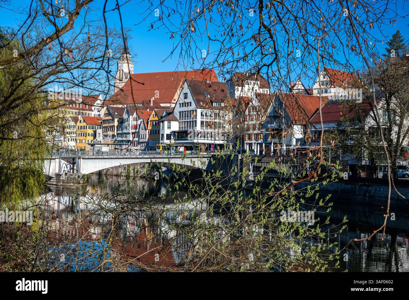 Vue sur le Neckarbrücke et la vieille ville de Tübingen par une belle matinée au printemps Banque D'Images