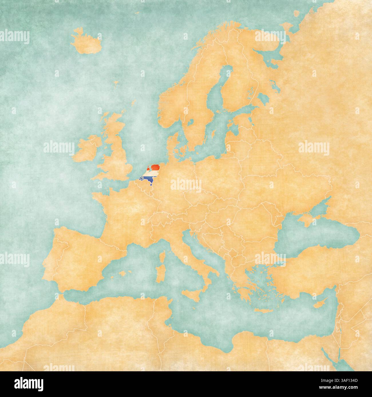 Pays-Bas (drapeau YYY) sur la carte de l'Europe dans un style grunge doux et vintage, comme du vieux papier avec de la peinture à l'aquarelle. Banque D'Images