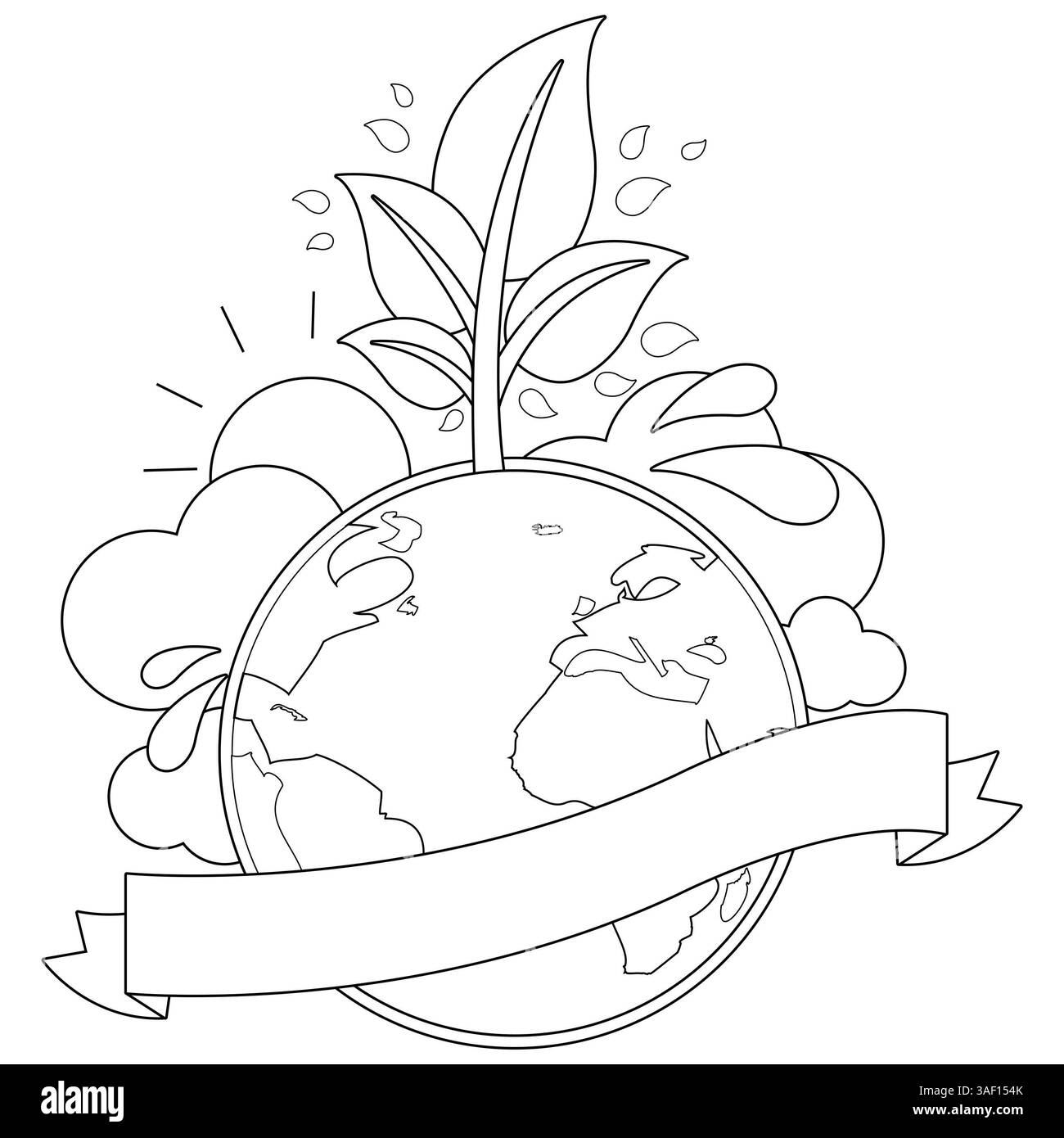 Concept d'écologie de la terre avec plante naturelle. Journée mondiale de la Terre de la planète. Coloriage noir et blanc. Banque D'Images