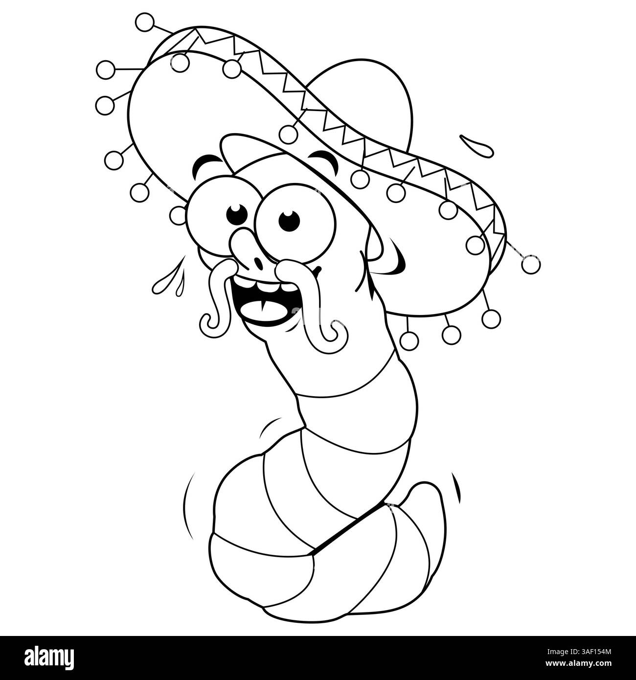Ver tequila de dessin animé avec un chapeau sombrero mexicain. Célébration de la boisson à la tequila Cinco de Mayo. Fête Mariachi. Coloriage noir et blanc. Banque D'Images