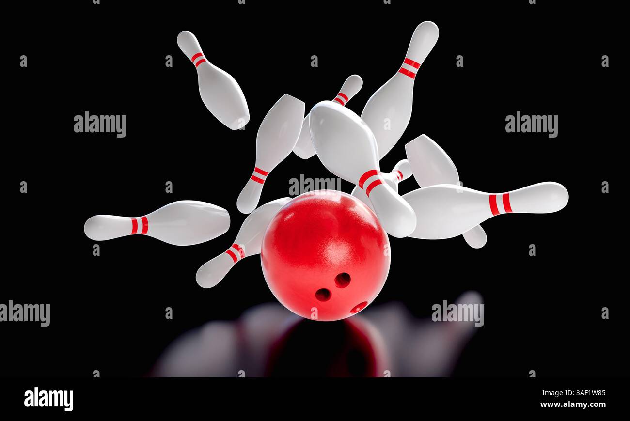 Boule de bowling frapper des épingles, fond noir 3D. Banque D'Images