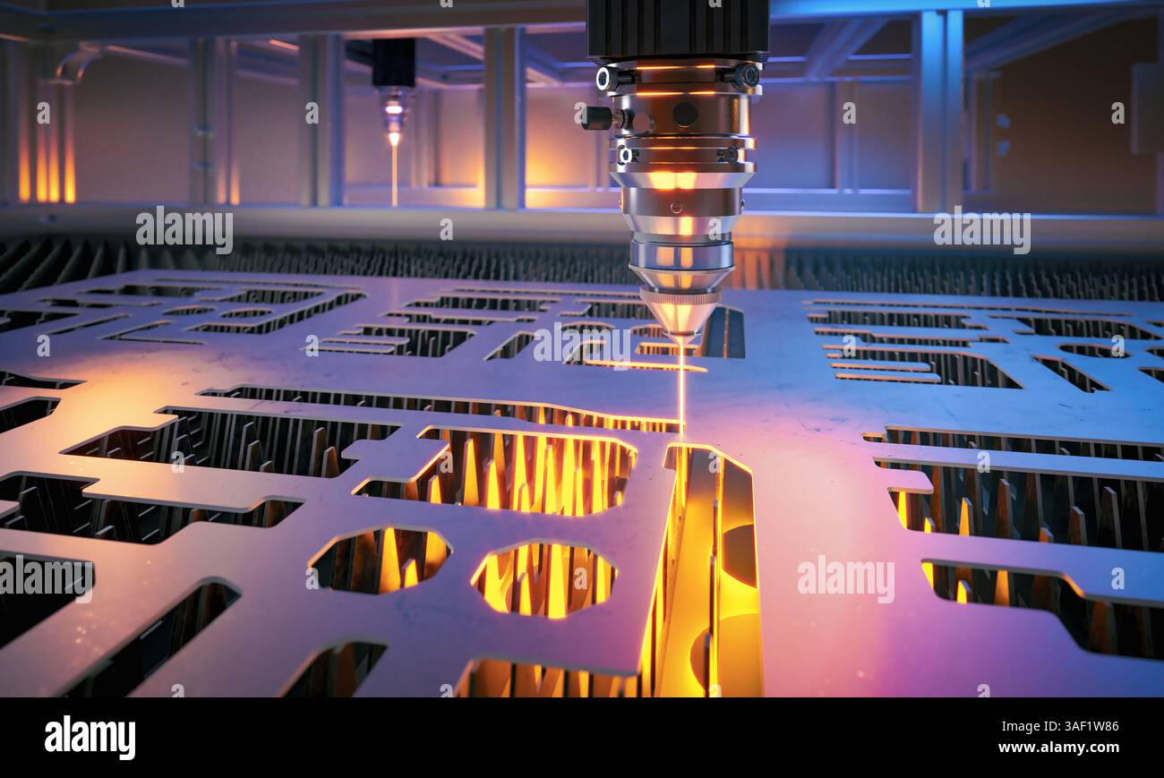 Tôle de découpe laser industrielle dans l'usine moderne 3D. Banque D'Images