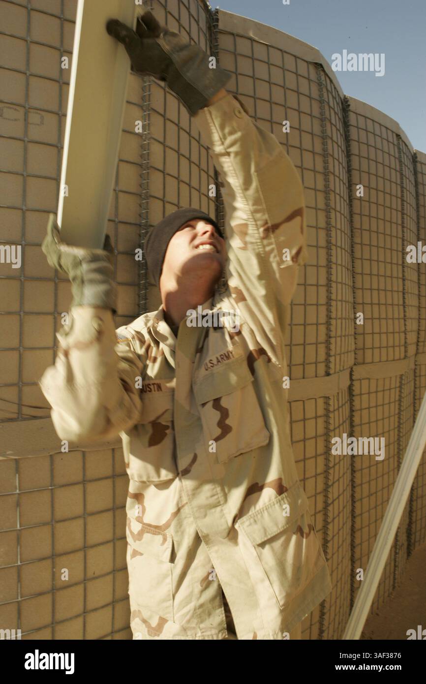 11 janvier 2005 ; Camp Taqaddum, Irak ; le sergent MICAH E. GUSTIN, 23 ans originaire de Henryetta, Oklahoma, glisse une longueur de tôle sur le toit d'une cabane d'Asie du Sud-Ouest au Camp Taqaddum, Irak, 11 janvier 2005.. Gustin est menuisier avec le 120th Engineer combat Battalion, une unité de la Garde nationale de l'Oklahoma qui a construit 122 des cabanes pour les Marines basés au Camp Taqaddum, en Irak. L'unité, qui a fourni des services d'ingénieurs allant du remplissage de trous à l'aide au nettoyage de Falloujah, quittera bientôt l'Iraq après un déploiement d'un an. Banque D'Images