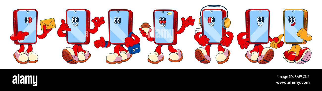 Ensemble de personnages de téléphone mobile de bande dessinée avec des bras, des jambes et des yeux - debout et marchant, agitant et écoutant de la musique, tenant l'enveloppe et la tasse à café. Gadgets mascottes mignons montrant des émotions et des gestes. Illustration de Vecteur