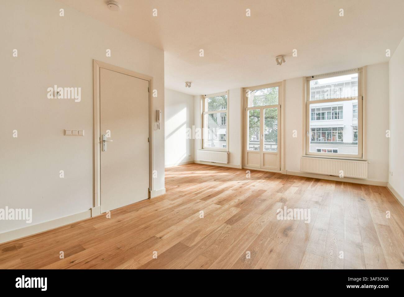 Spacieuse et bien éclairée, cette chambre dispose de grandes fenêtres qui apportent de la lumière naturelle, agrémentée d'un parquet chaleureux et d'un design minimaliste. Idéal pour diverses utilisations. Banque D'Images