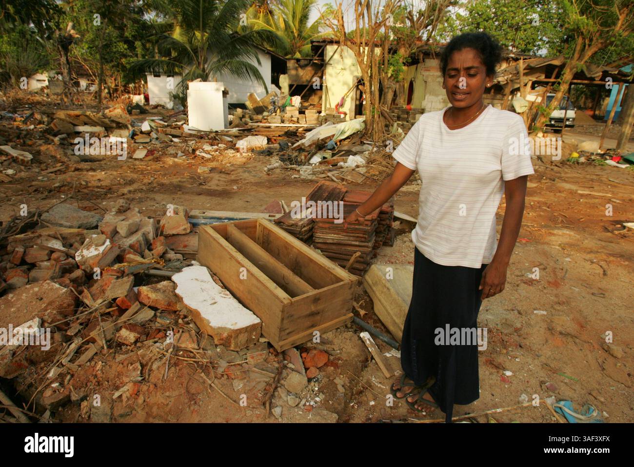 01 janv. 2006 ; Unawatuna, Sri LANKA ; TSUNAMI : CONSÉQUENCES. Nandika Deundarage a perdu sa maison et son plus jeune fils lors du tsunami du 26 décembre qui a balayé son village de bord de mer à Unawatuna, au Sri Lanka. L'entreprise de Nandika, une petite boutique vendant des batiks et des souvenirs aux touristes, a également été perdue. Plus de 250 000 personnes sont mortes dans 11 pays après un tsunami dévastateur qui a frappé l'Asie du Sud le 26 décembre 2004. L’onde sismique a résulté d’un séisme de magnitude 9,0 juste au large de la côte de l’île indonésienne de Sumatra début décembre 25th, 2004. Il a déclenché d'énormes vagues qui ont atteint jusqu'en Afrique. Obligatoire Banque D'Images