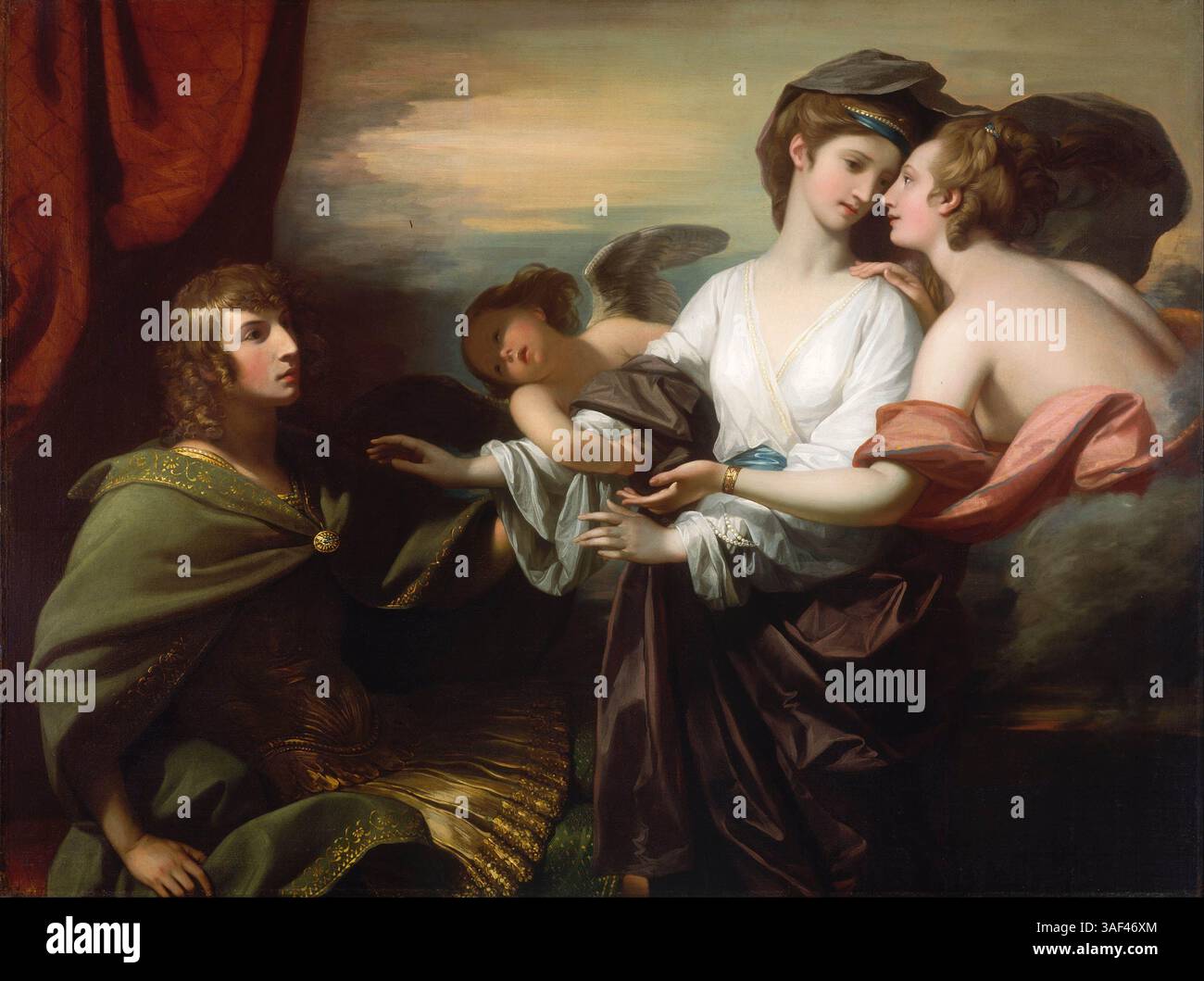 Hélène apporté à Paris est une peinture d'histoire néoclassique de 1776 de l'artiste anglo-américain Benjamin West[1]. Elle représente le jugement de Paris de la mythologie grecque dans laquelle Paris choisit Aphrodite comme la plus belle des trois déesses[2]. Elle montre Hélène de Troie amenée à Paris par Aphrodite et son fils Cupidon. Banque D'Images