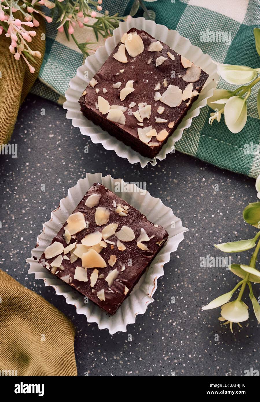 Un délicieux gros plan de deux brownies au chocolat faits maison Banque D'Images