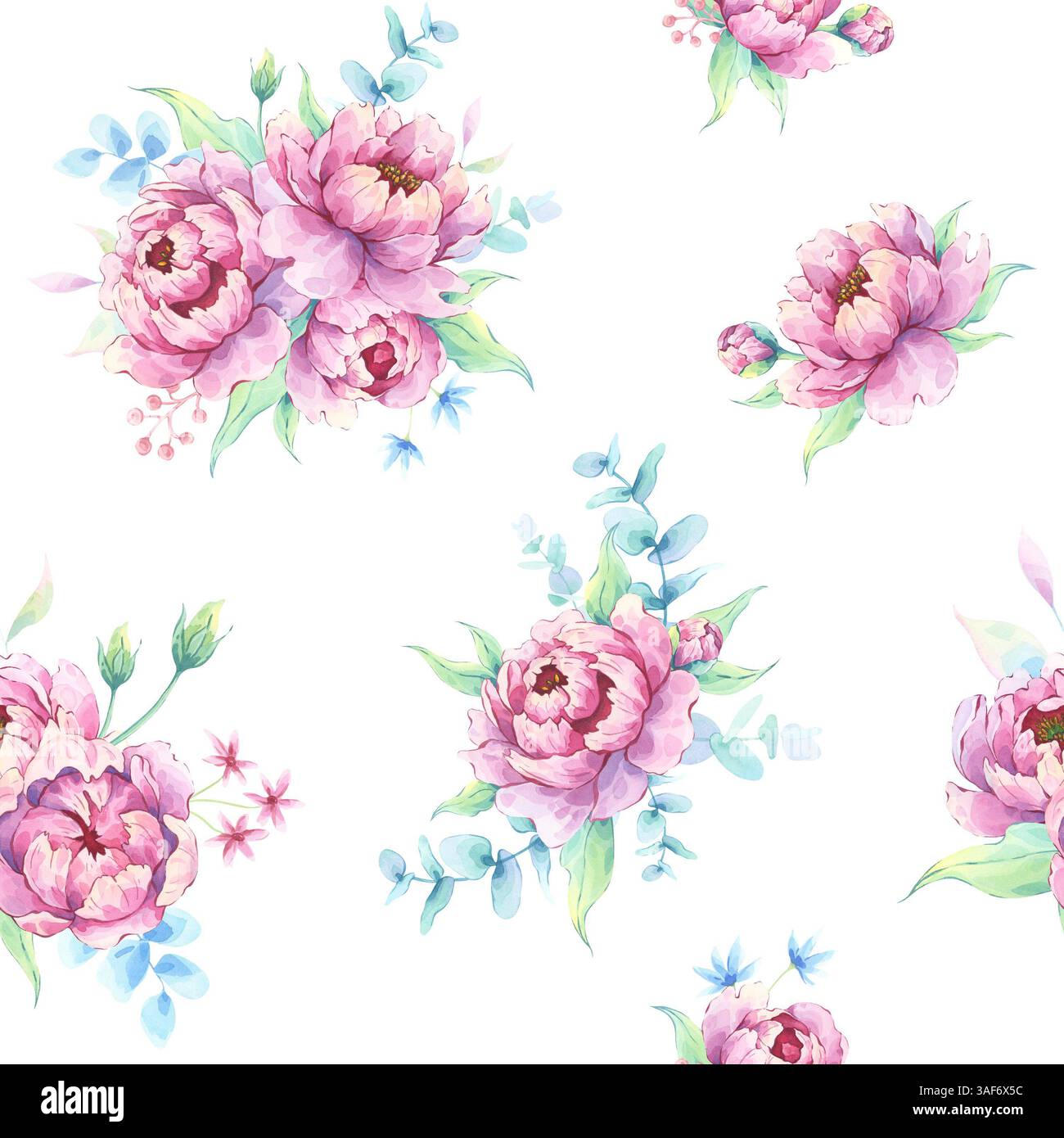 Fleur de pivoine luxuriante - motif floral sans couture à l'aquarelle. Branches d'eucalyptus et feuilles vertes fraîches dans un style délicat. Idéal pour la papeterie, le papier cadeau Banque D'Images