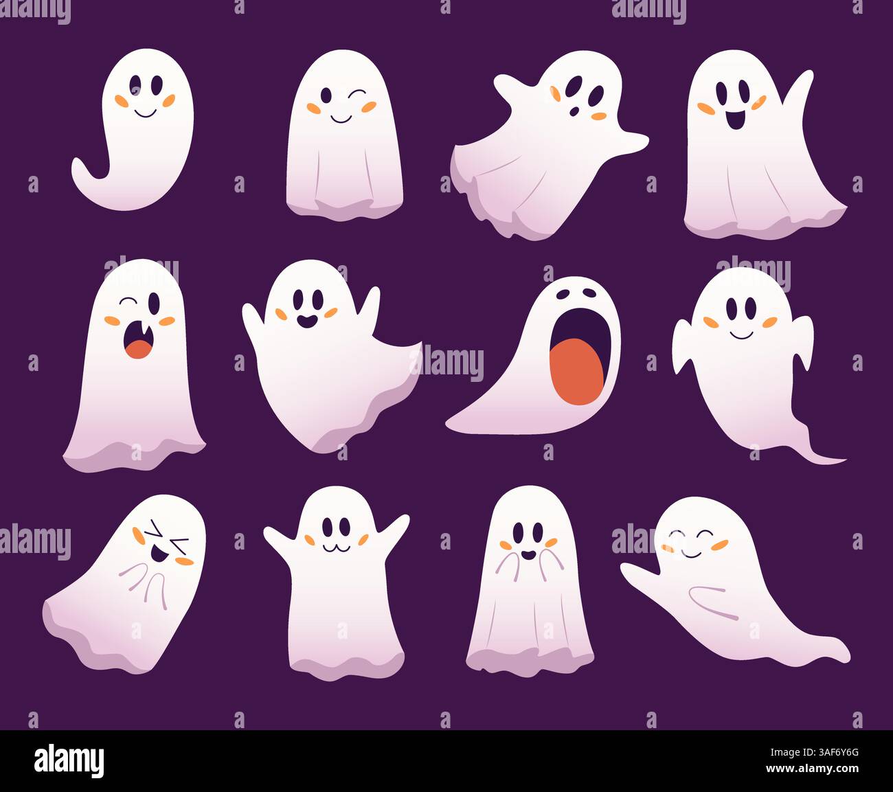 Ensemble d'adorables fantômes de bande dessinée avec diverses expressions faciales sur un fond violet foncé Illustration de Vecteur
