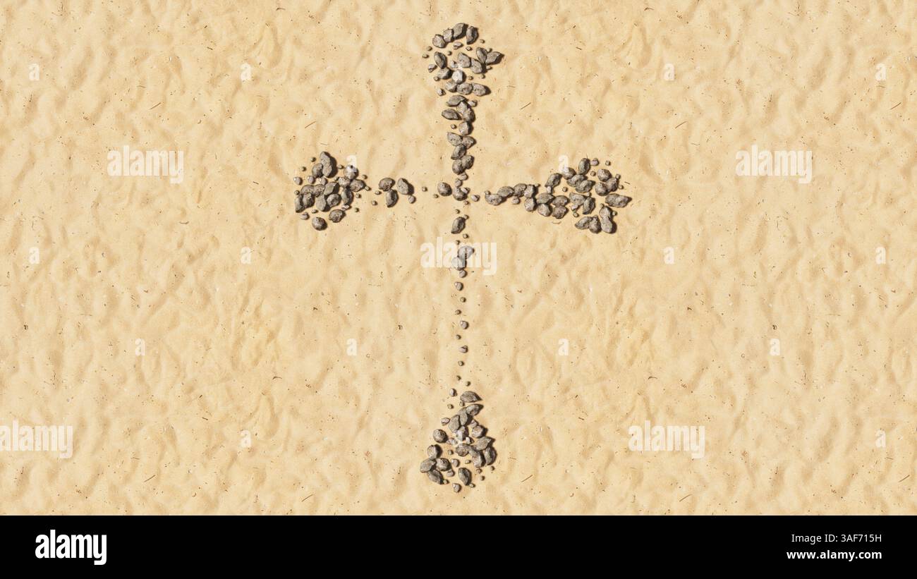 Concept pierres conceptuelles sur plage sable forme de symbole fait à la main, fond de sable doré, croix chrétienne.Une métaphore d'illustration 3d pour Dieu, Christ Banque D'Images