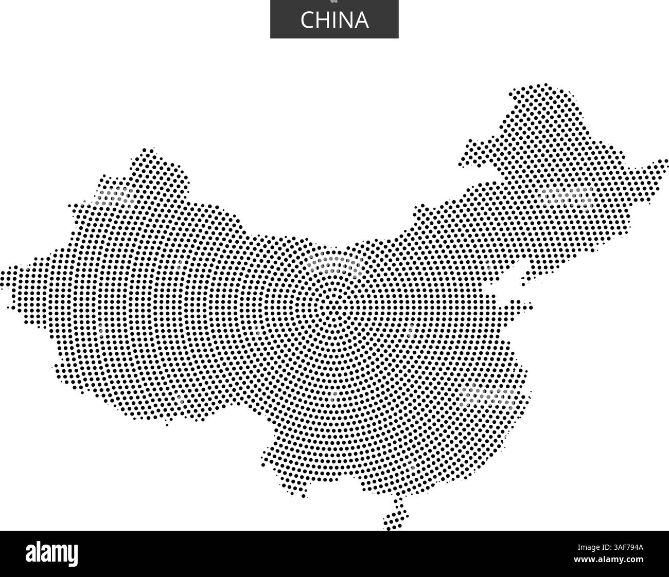 Un contour pointillé de la Chine met en évidence sa forme géographique et ses caractéristiques clés sur fond blanc, mettant en valeur le vaste territoire du pays. Illustration de Vecteur