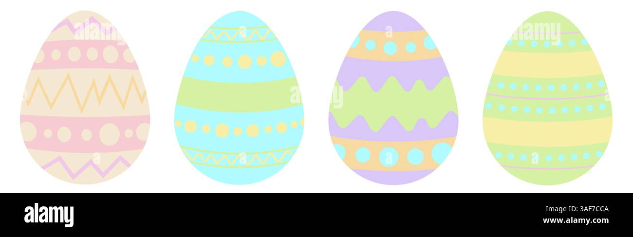Ensemble de quatre œufs de pâques pastel multicolores avec ornement de lignes, zigzags, points et cercles Illustration de Vecteur