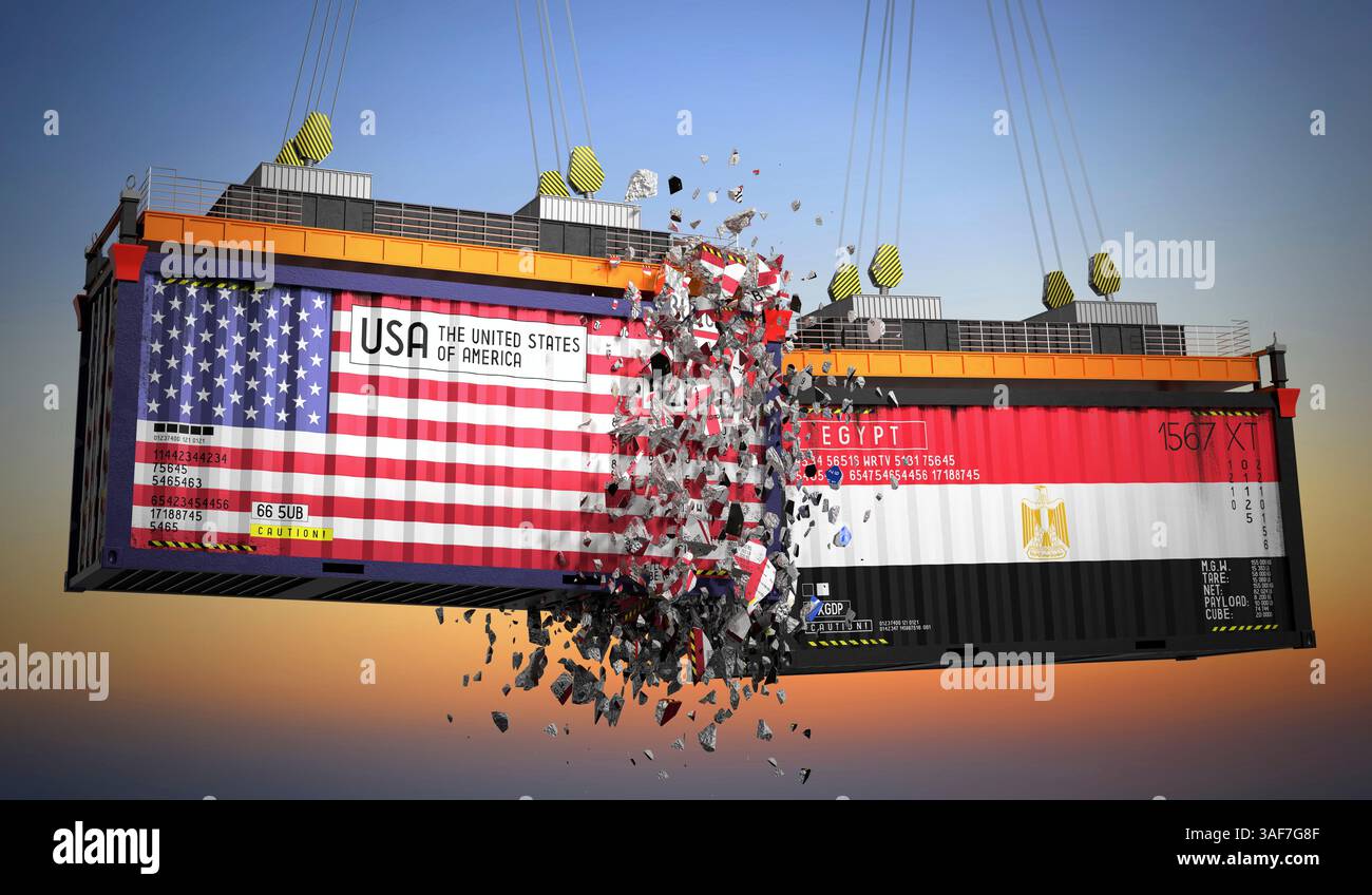 Conteneurs de fret avec drapeaux des Etats-Unis et de l'Egypte - illustration 3D. Banque D'Images