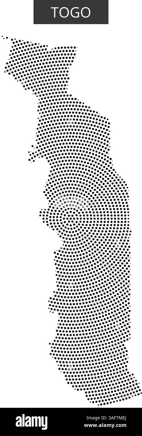 Une représentation pointillée met en valeur la forme et les frontières uniques du Togo, soulignant sa forme mince et allongée. Illustration de Vecteur