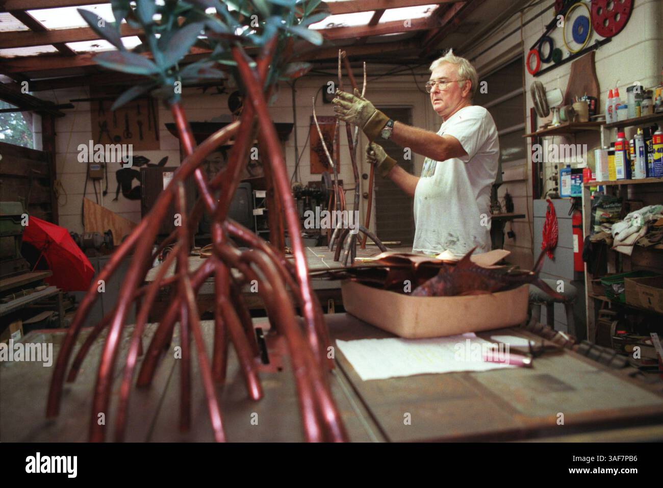 SP.106587.- - LIVRER À :.WK.- -.7/5/2000.- -. Oldsmar, Fla..- -. INFO LÉGENDE :. Loyd Jones (cq) est un artiste d'Oldsmar, Fla. qui travaille avec le cuivre et crée des oiseaux de cuivre dans les mangroves de cuivre. À l'arrière de son Oldsmar, Fla. Home est son studio/atelier. Les photos ont été prises mercredi 7/7/2000. Loyd Jones (crédit image : St Petersburg Times/ZUMAPRESS.com) Banque D'Images