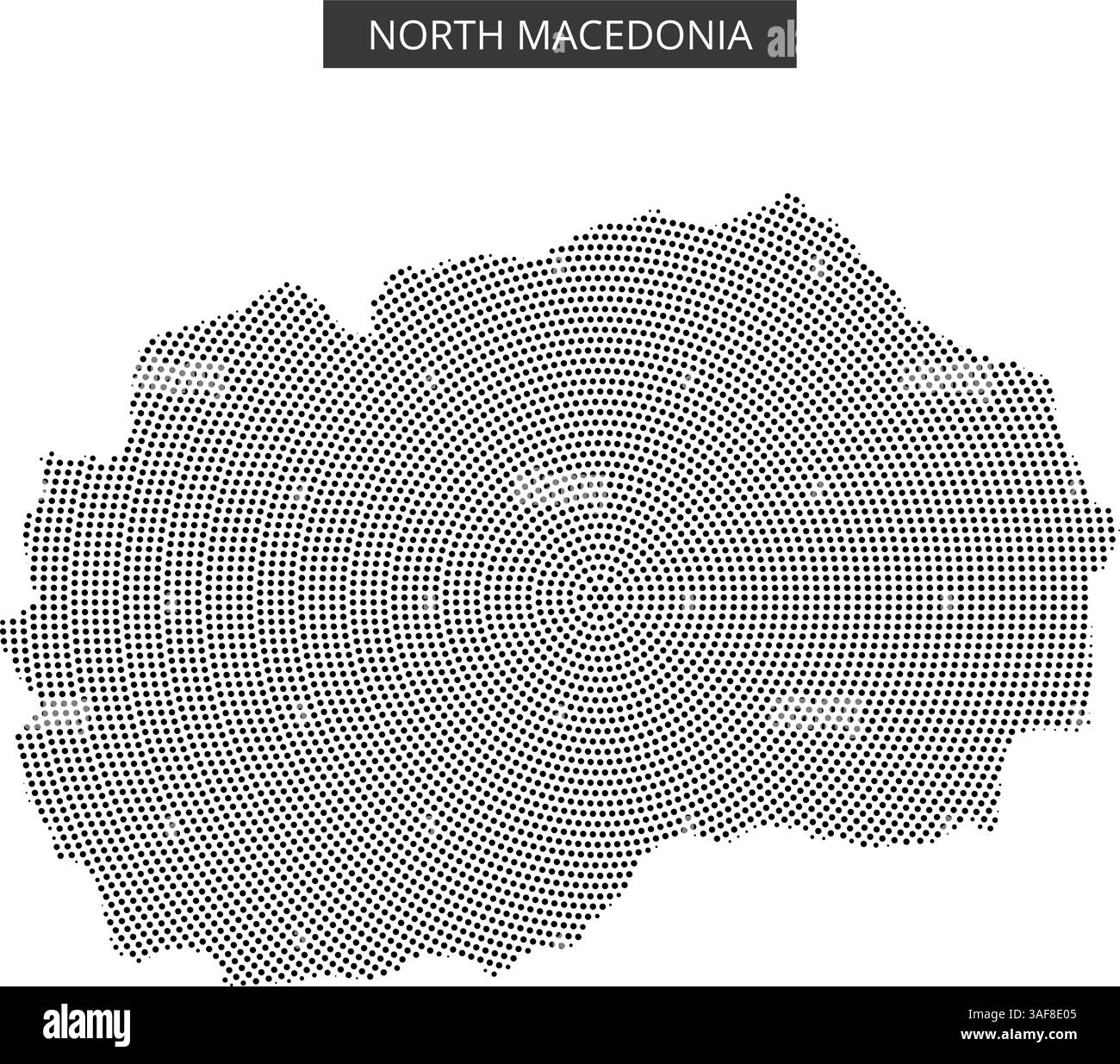 Représentation détaillée de la Macédoine du Nord mettant en valeur sa forme et les zones environnantes, avec des motifs de points spectaculaires soulignant les régions clés. Illustration de Vecteur