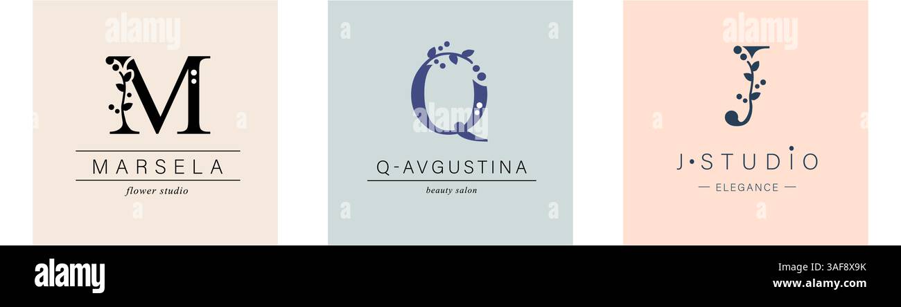 Logo M, lettre majuscule Q, J. Monogram of Botanical minimalist, initiale Illustration de Vecteur