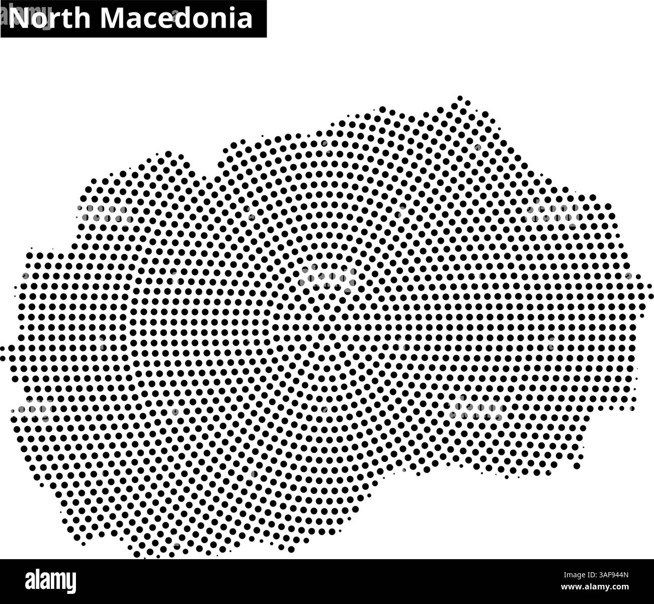 Représentation détaillée de la Macédoine du Nord mettant en valeur sa forme et les zones environnantes, avec des motifs de points spectaculaires soulignant les régions clés. Illustration de Vecteur
