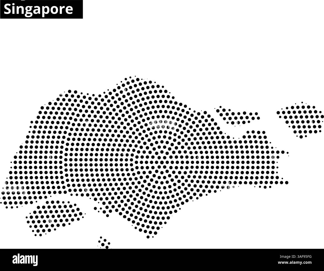 Une représentation créative de Singapour utilisant des points pour former son contour cartographique, mettant en valeur les caractéristiques géographiques de l'île. Illustration de Vecteur