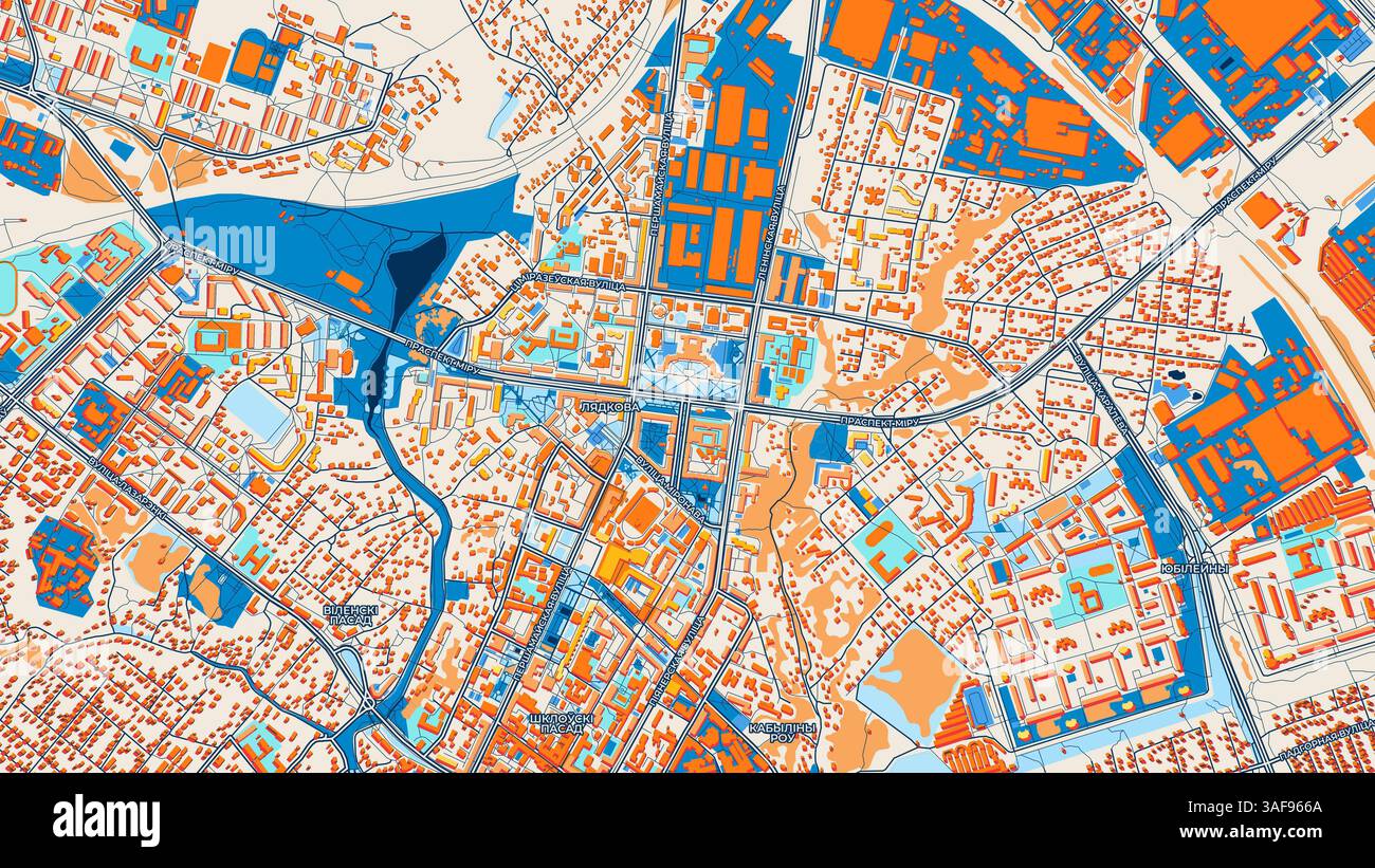 Carte d'art colorée de Mogilev avec des étiquettes et des bâtiments avec de nombreux détails pour les routes urbaines, les chemins et les disctricts. Banque D'Images