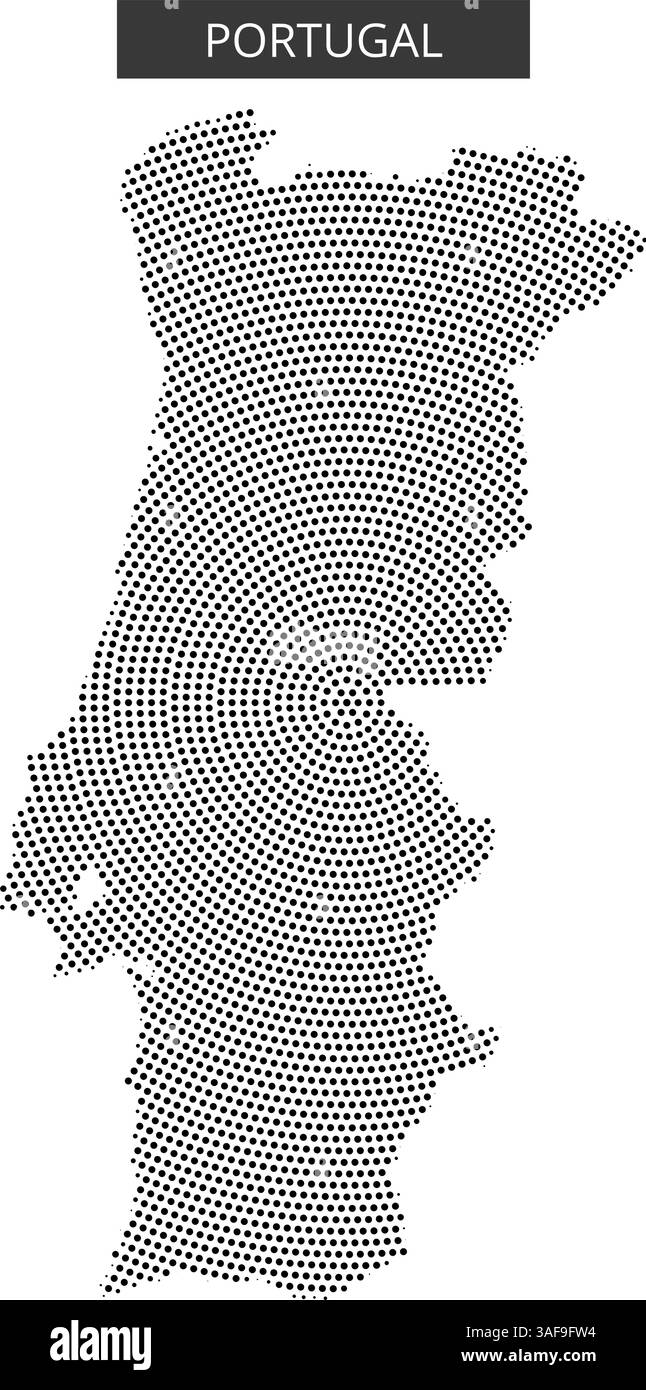 Une représentation unique du Portugal créée avec un motif en pointillés soulignant sa forme géographique et ses frontières, soulignant son emplacement en Europe. Illustration de Vecteur