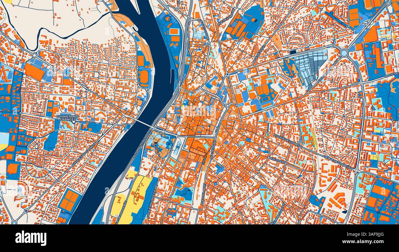 Carte artistique colorée de Valence avec des étiquettes et des bâtiments avec de nombreux détails pour les routes urbaines, les chemins et les disctricts. Banque D'Images