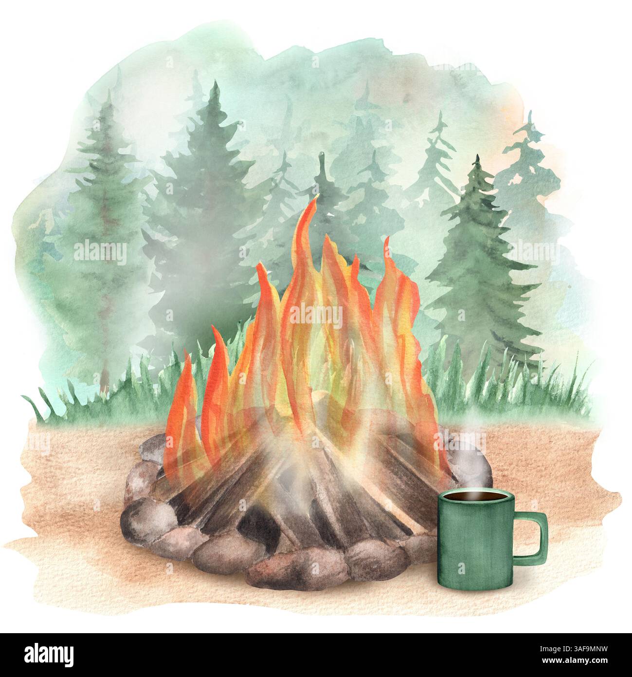 Un feu de camp dans la forêt. Une tasse à café en métal vert. Clipart d'équipement mobile. Scène de camping sur fond d'aquarelle. Aquarelle dessinée à la main illust Banque D'Images
