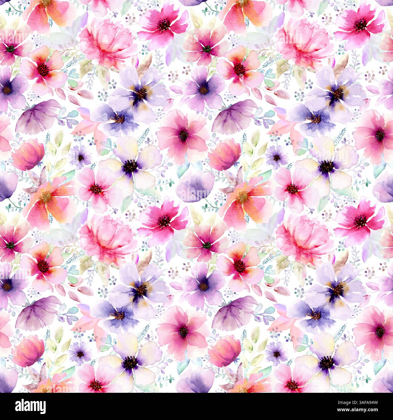 Aquarelle abstrait motif floral audacieux sans couture. Aquarelle dessinée à la main colorée violet rose rouge illustration de fleur. Impression multicolore pour papier peint, Banque D'Images
