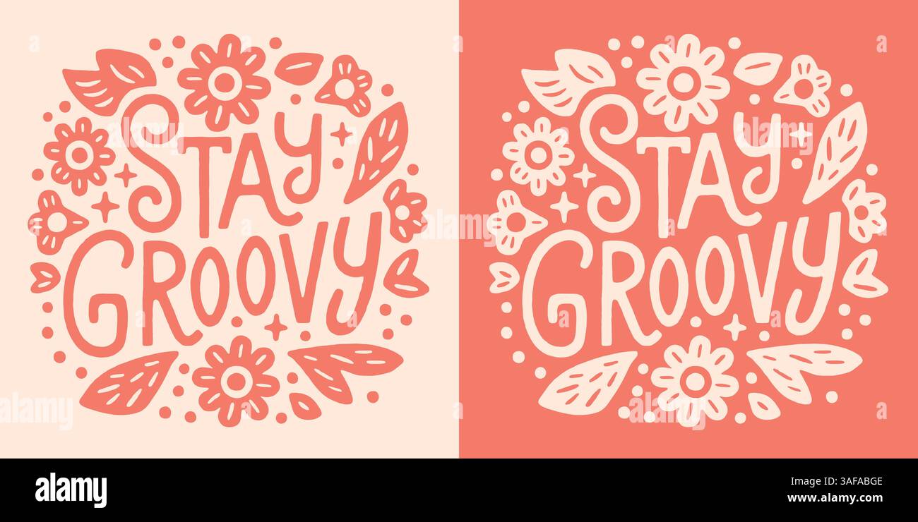 Stay groovy lettrage floral rétro hippie 70s vintage style rainviest fille positive citations rond badge shirt design fleurs rose imprimé texte esthétique. Illustration de Vecteur